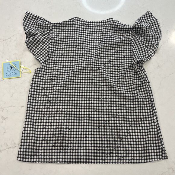 CeCe NEW Black White Gingham Flutter Short Sleeve V Neck Top Size Medium - Picture 4 of 14